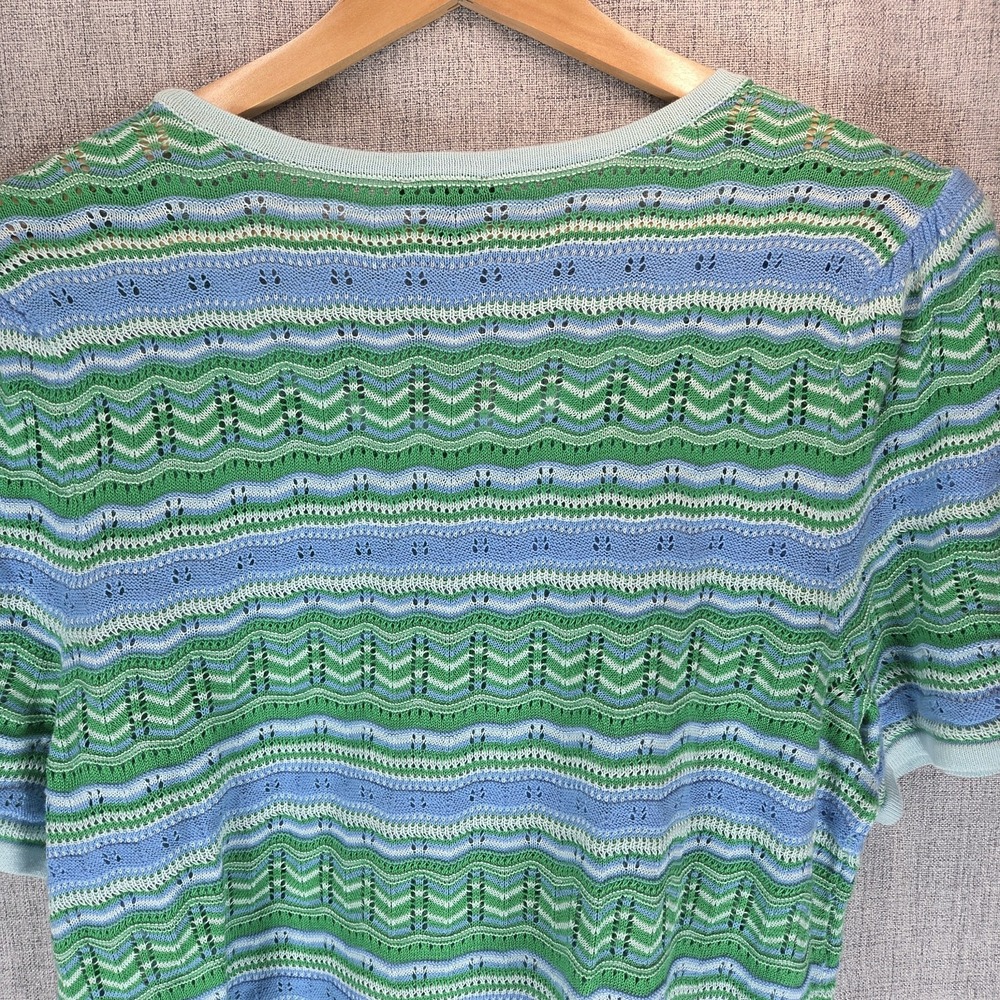 Talbots Casual Green Blue Stripe Crochet Short Sleeve Lightweight Sweater Medium - Picture 6 of 8